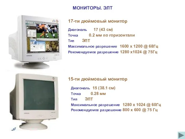 МОНИТОРЫ. ЭЛТ 17-ти дюймовый монитор Диагональ 17 (43 см) Точка