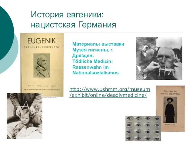 История евгеники: нацистская Германия http://www.ushmm.org/museum/exhibit/online/deadlymedicine/