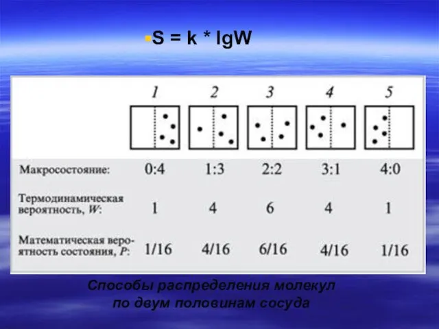 Способы распределения молекул по двум половинам сосуда S = k * lgW
