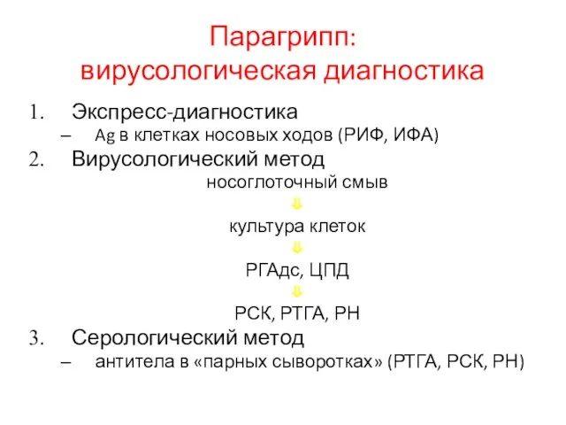 Парагрипп: вирусологическая диагностика Экспресс-диагностика Ag в клетках носовых ходов (РИФ,