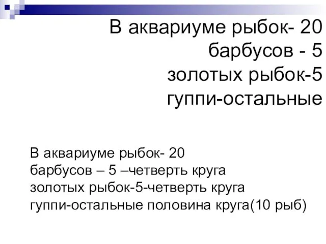 В аквариуме рыбок- 20 барбусов - 5 золотых рыбок-5 гуппи-остальные