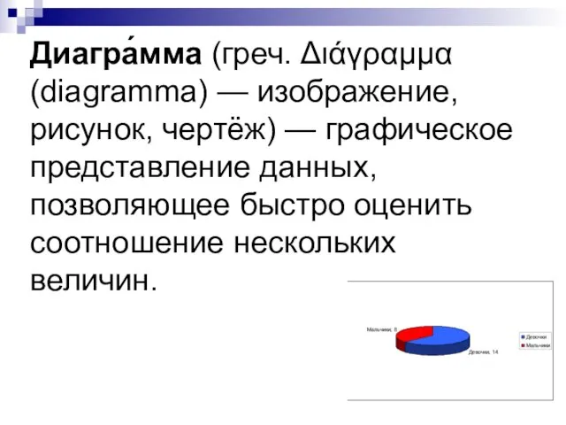 Диагра́мма (греч. Διάγραμμα (diagramma) — изображение, рисунок, чертёж) — графическое