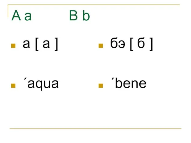 A a B b а [ а ] ˊaqua бэ [ б ] ˊbene