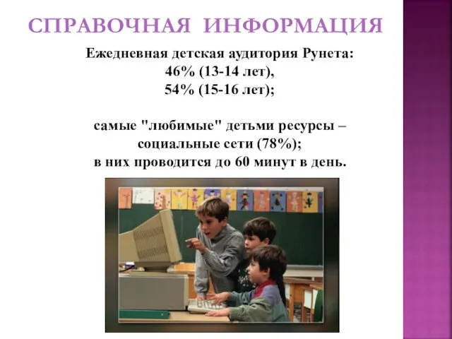 Ежедневная детская аудитория Рунета: 46% (13-14 лет), 54% (15-16 лет);