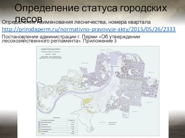 Определение статуса городских лесов Определение наименования лесничества, номера квартала http://prirodaperm.ru/normativno-pravovyje-akty/2015/05/26/2333