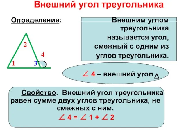 Внешний угол треугольника Определение: Внешним углом треугольника называется угол, смежный