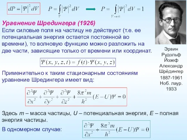 Эрвин Рудольф Йозеф Александр Шрёдингер 1887-1961 Ноб. лаур. 1933 Уравнение