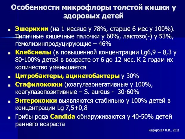 Особенности микрофлоры толстой кишки у здоровых детей Эшерихии (на 1