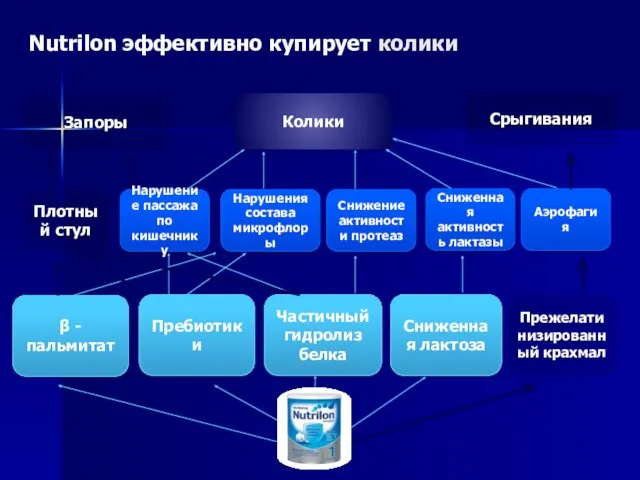 Плотный стул Частичный гидролиз белка Сниженная лактоза Пребиотики β -