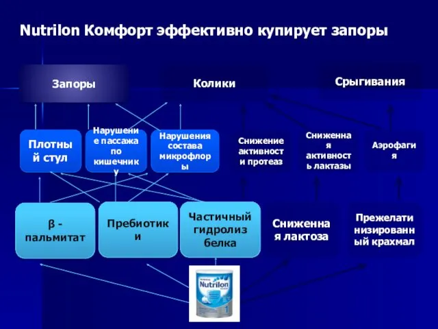 Плотный стул Частичный гидролиз белка Сниженная лактоза Пребиотики β -