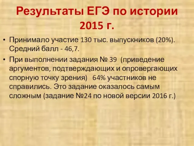 Результаты ЕГЭ по истории 2015 г. Принимало участие 130 тыс.