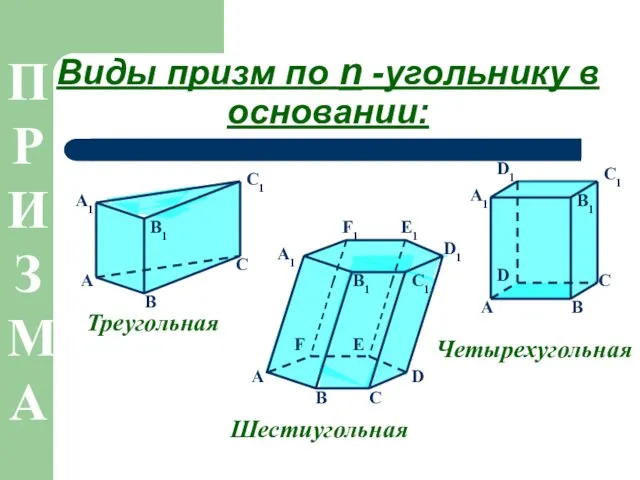 Четырехугольная Шестиугольная Треугольная Виды призм по n -угольнику в основании: