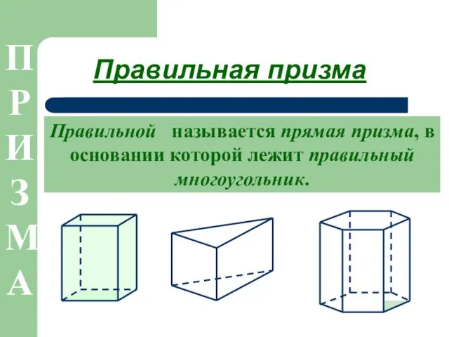 Правильная призма Правильной называется прямая призма, в основании которой лежит правильный многоугольник.