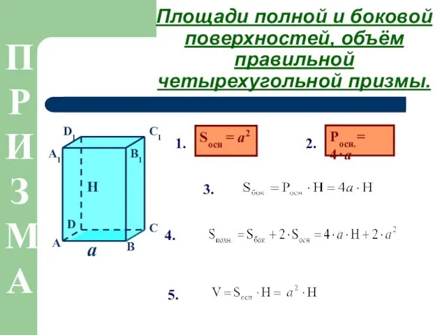 Росн.= 4⋅a Площади полной и боковой поверхностей, объём правильной четырехугольной