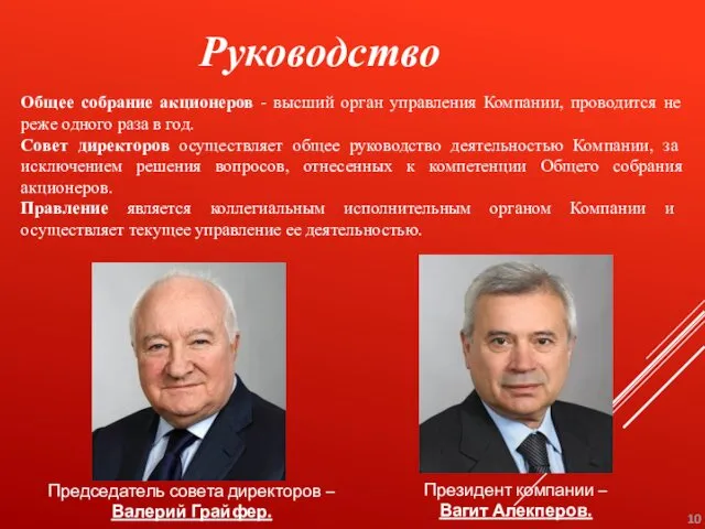 Руководство Общее собрание акционеров - высший орган управления Компании, проводится