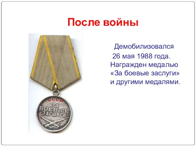 После войны Демобилизовался 26 мая 1988 года. Награжден медалью «За боевые заслуги» и другими медалями.