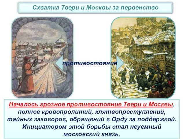 Началось грозное противостояние Твери и Москвы, полное кровопролитий, клятвопреступлений, тайных