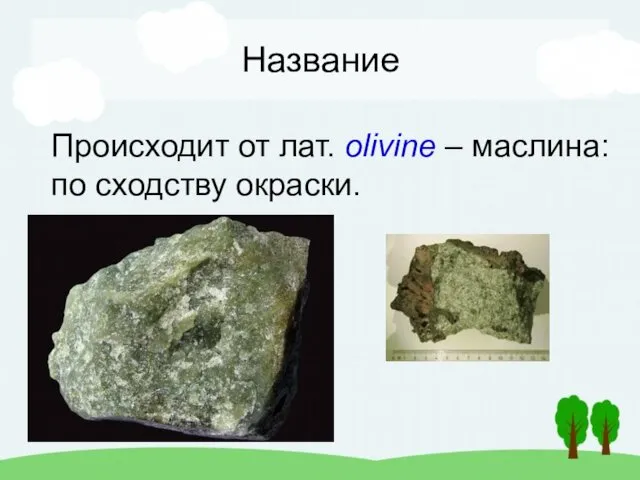 Название Происходит от лат. olivine – маслина: по сходству окраски.