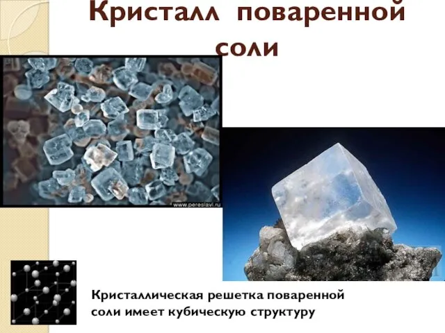 Кристалл поваренной соли Кристаллическая решетка поваренной соли имеет кубическую структуру