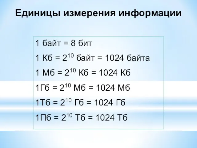 Единицы измерения информации 1 байт = 8 бит 1 Кб = 210 байт