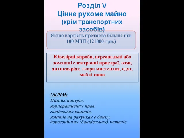 Розділ V Цінне рухоме майно (крім транспортних засобів) ОКРІМ: Цінних