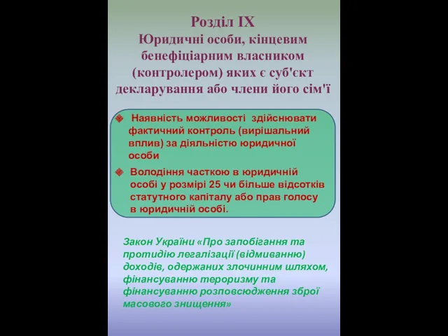 Наявність можливості здійснювати фактичний контроль (вирішальний вплив) за діяльністю юридичної