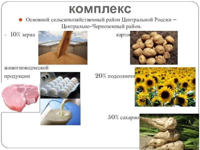 Агропромышленный комплекс Основной сельскохозяйственный район Центральной России – Центрально-Черноземный район.