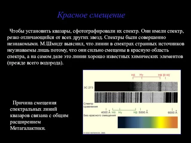 Красное смещение Чтобы установить квазары, сфотографировали их спектр. Они имели