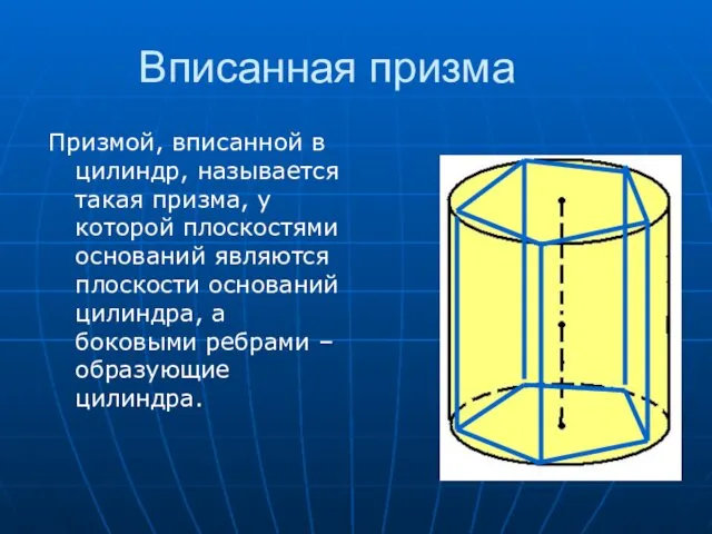 Вписанная призма Призмой, вписанной в цилиндр, называется такая призма, у