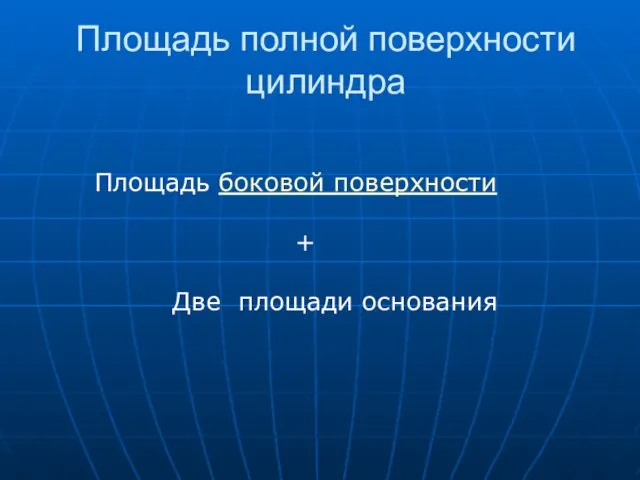 Площадь полной поверхности цилиндра Площадь боковой поверхности + Две площади основания