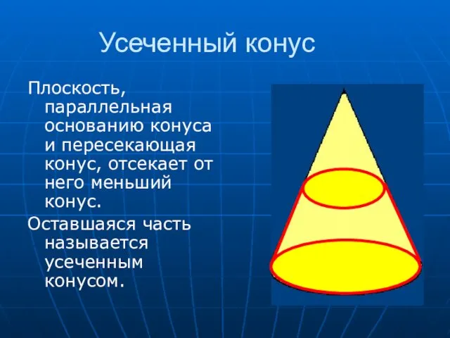 Усеченный конус Плоскость, параллельная основанию конуса и пересекающая конус, отсекает