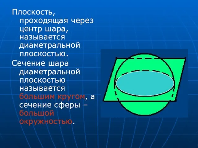 Плоскость, проходящая через центр шара, называется диаметральной плоскостью. Сечение шара