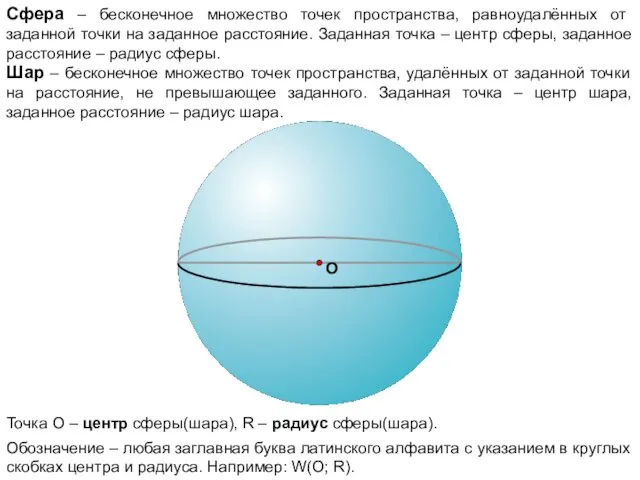 Сфера – бесконечное множество точек пространства, равноудалённых от заданной точки на заданное расстояние.