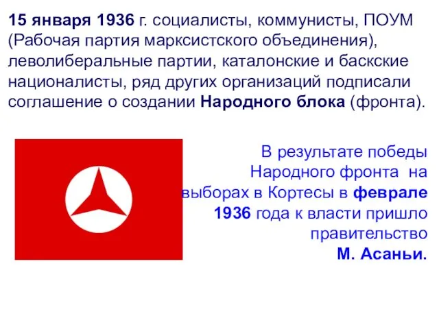 15 января 1936 г. социалисты, коммунисты, ПОУМ (Рабочая партия марксистского