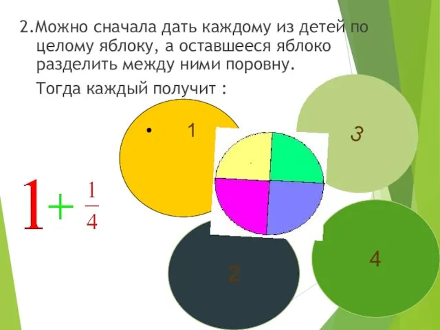 2.Можно сначала дать каждому из детей по целому яблоку, а