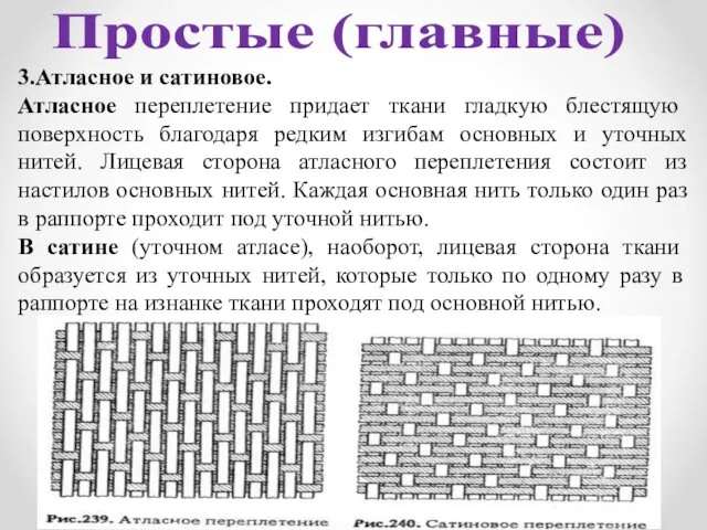 3.Атласное и сатиновое. Атласное переплетение придает ткани гладкую блестящую поверхность