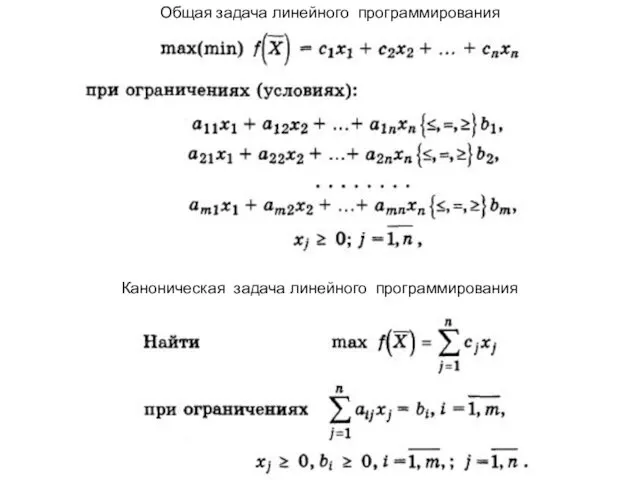 Общая задача линейного программирования Каноническая задача линейного программирования