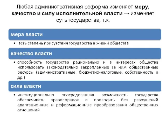 Любая административная реформа изменяет меру, качество и силу исполнительной власти → изменяет суть государства, т.к.