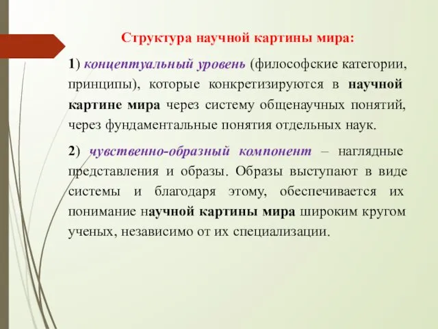 Структура научной картины мира: 1) концептуальный уровень (философские категории, принципы),