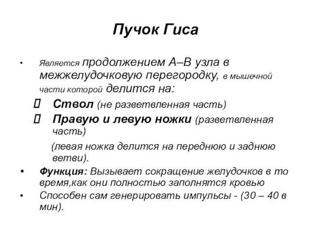 Пучок Гиса Является продолжением А–В узла в межжелудочковую перегородку, в