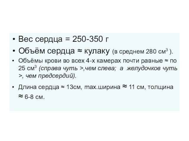 Вес сердца = 250-350 г Объём сердца ≈ кулаку (в