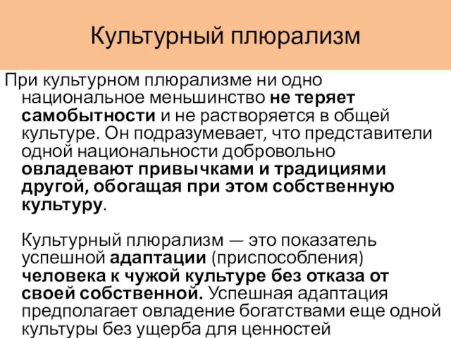 Культурный плюрализм При культурном плюрализме ни одно национальное меньшинство не