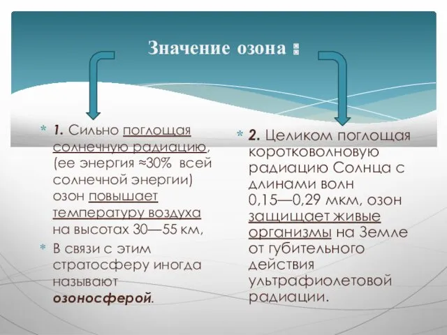 Значение озона : 1. Сильно поглощая солнечную радиацию, (ее энергия