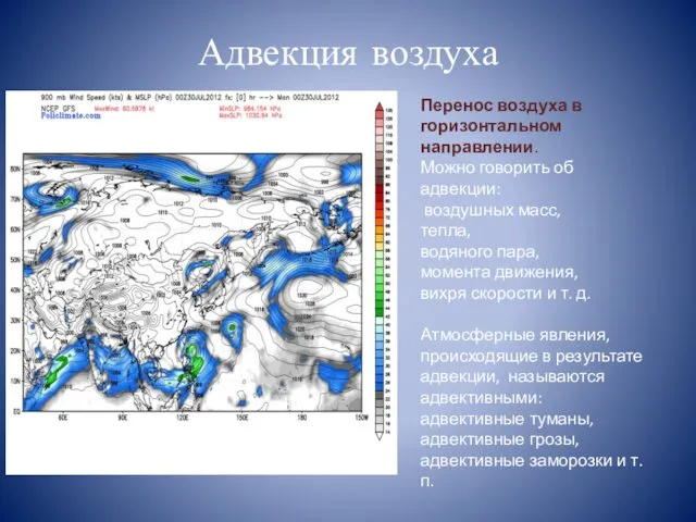 Адвекция воздуха Перенос воздуха в горизонтальном направлении. Можно говорить об