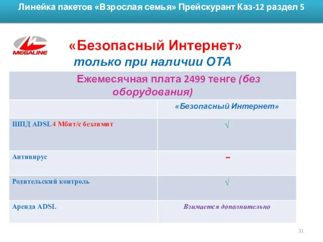 Линейка пакетов «Взрослая семья» Прейскурант Каз-12 раздел 5