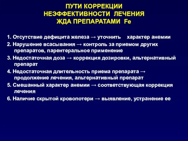 ПУТИ КОРРЕКЦИИ НЕЭФФЕКТИВНОСТИ ЛЕЧЕНИЯ ЖДА ПРЕПАРАТАМИ Fe 1. Отсутствие дефицита