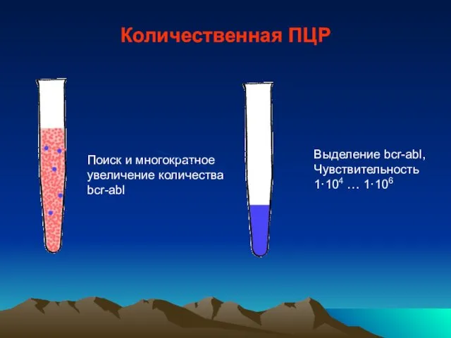 Количественная ПЦР Поиск и многократное увеличение количества bcr-abl Выделение bcr-abl, Чувствительность 1·104 … 1·106