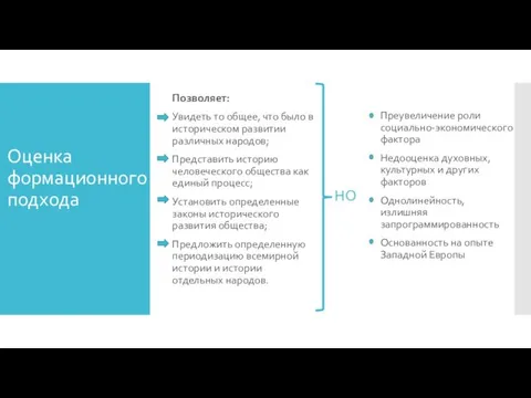 Оценка формационного подхода Позволяет: Увидеть то общее, что было в