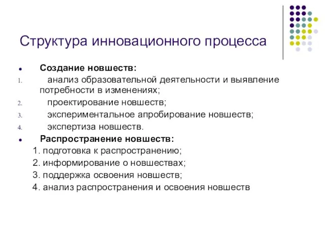 Структура инновационного процесса Создание новшеств: анализ образовательной деятельности и выявление потребности в изменениях;