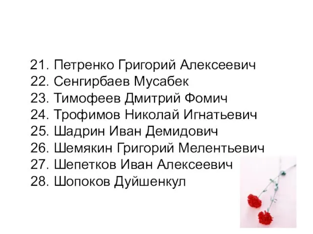 21. Петренко Григорий Алексеевич 22. Сенгирбаев Мусабек 23. Тимофеев Дмитрий